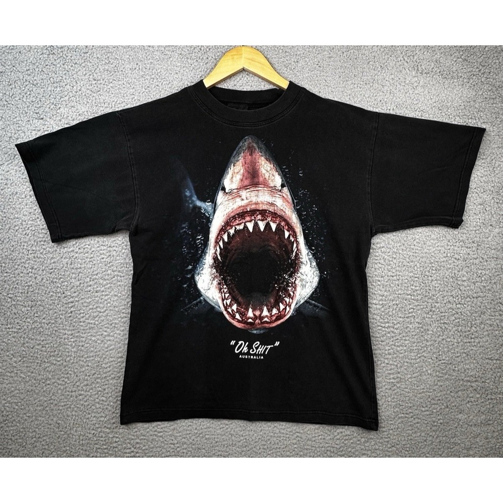 VTG 90s Planet Earth Skateboards Shark Oh S**t  Australia T-Shirt Large Black